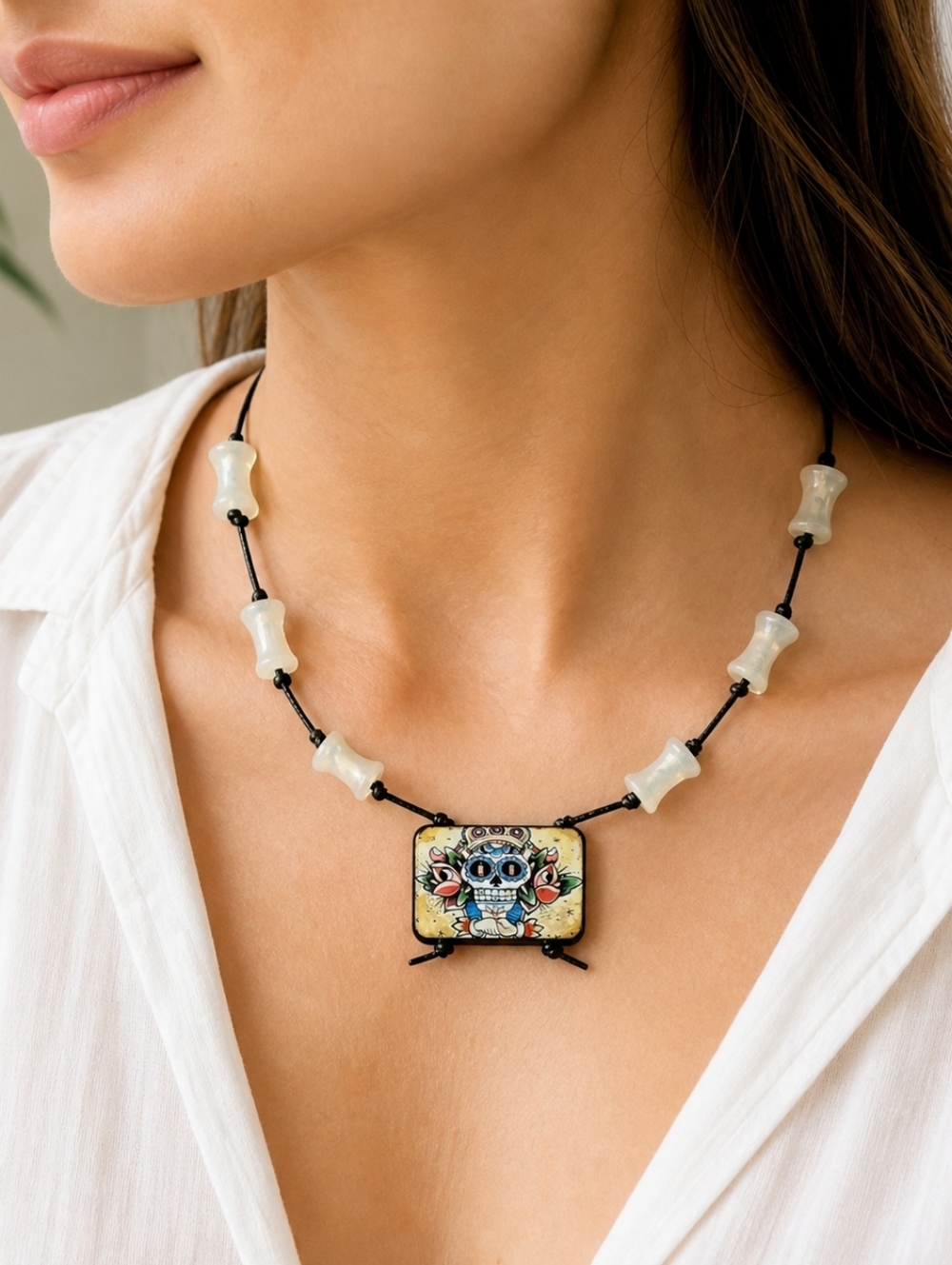 Vintage Handmade Dia de los Muertos Style Skull and Bones Necklace NWOT